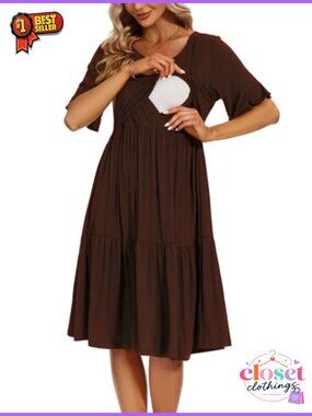 Ruffle Short Sleeve Maternity Nursing Dress A-Line Maxi